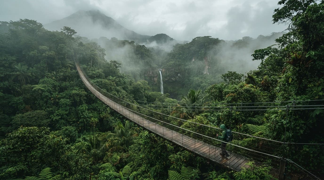 Hanging bridge surrounded by rainforest at Mistico Park